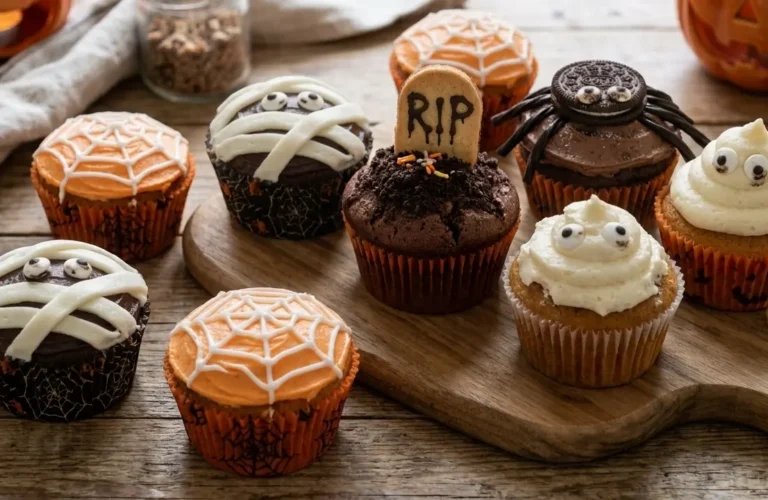 Assortimento di muffin e cupcake di Halloween decorati come mummie, fantasmini, ragni, ragnatele e lapidi su un tagliere di legno