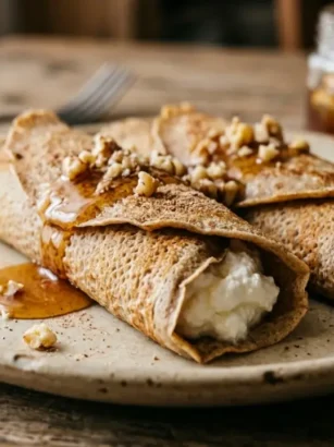 Piatto con due necci di farina di castagne arrotolati e farciti con ricotta fresca, miele e noci