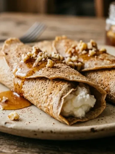 Piatto con due necci di farina di castagne arrotolati e farciti con ricotta fresca, miele e noci