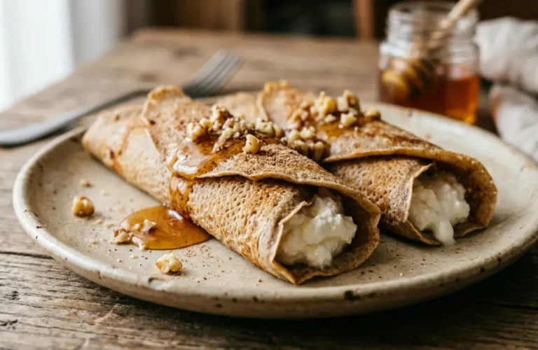 Piatto con due necci di farina di castagne arrotolati e farciti con ricotta fresca, miele e noci