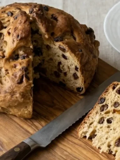 Pan dei Santi toscano tradizionale tagliato a fette su tagliere di legno con coltello e tovaglia ricamata.