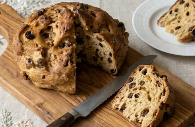 Pan dei Santi toscano tradizionale tagliato a fette su tagliere di legno con coltello e tovaglia ricamata.