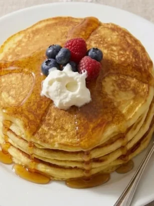 Pancake soffici e alti preparati senza lievito serviti impilati in un piatto con sciroppo d'acero e frutta