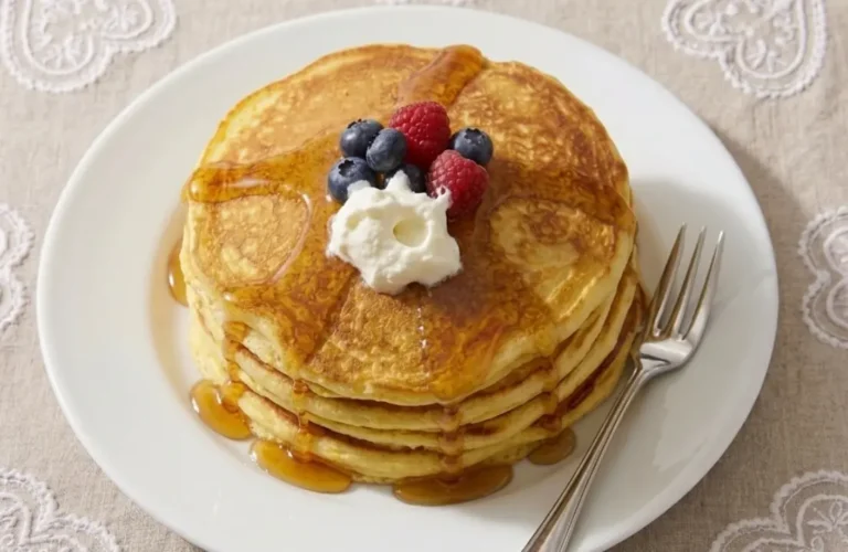 Pancake soffici e alti preparati senza lievito serviti impilati in un piatto con sciroppo d'acero e frutta