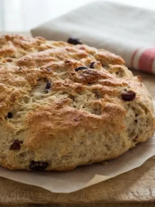 Pagnotta dolce di San Francesco appena sfornata su carta forno, un pane umbro tradizionale di origine medievale con uvetta e canditi fatto in casa ad Assisi.