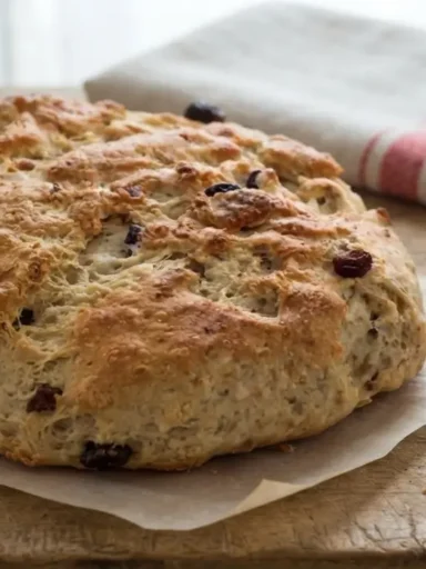 Pagnotta dolce di San Francesco appena sfornata su carta forno, un pane umbro tradizionale di origine medievale con uvetta e canditi fatto in casa ad Assisi.