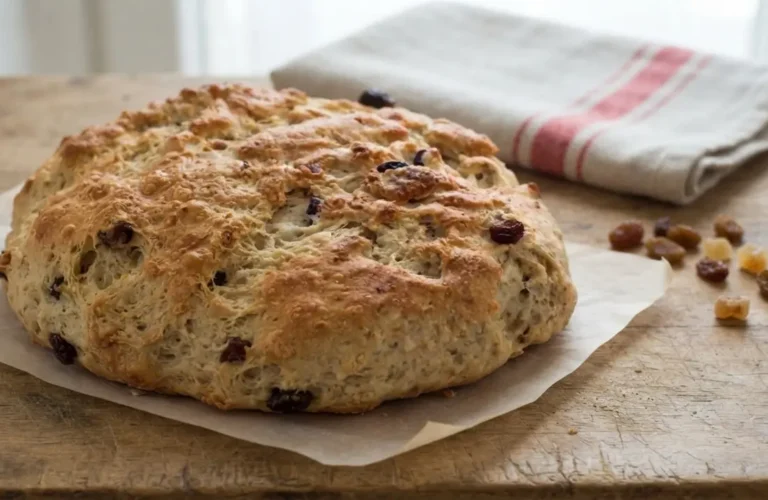 Pagnotta dolce di San Francesco appena sfornata su carta forno, un pane umbro tradizionale di origine medievale con uvetta e canditi fatto in casa ad Assisi.