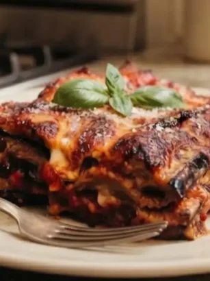 Parmigiana di melanzane di Cannavacciuolo con melanzane fritte, pomodoro e formaggio