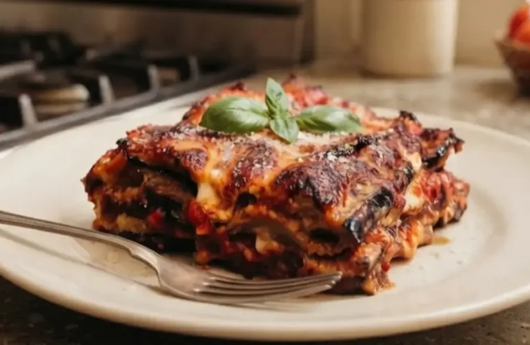 Parmigiana di melanzane di Cannavacciuolo con melanzane fritte, pomodoro e formaggio