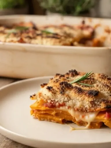 Fetta di parmigiana di zucca senza frittura in un piatto con pirofila sullo sfondo