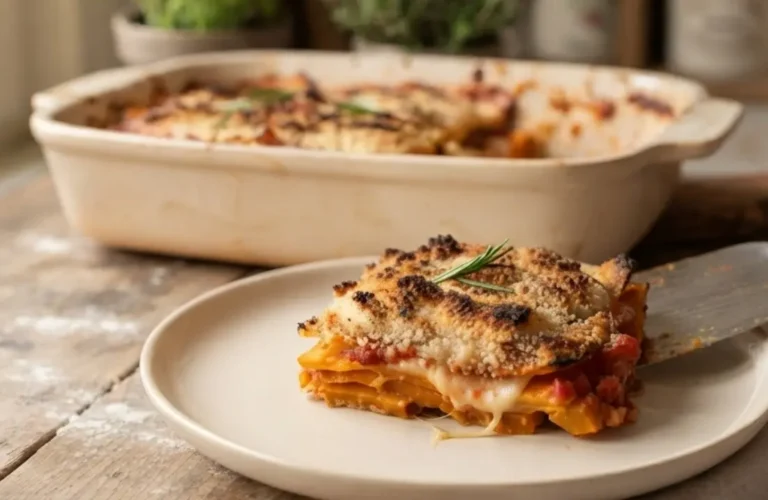Fetta di parmigiana di zucca senza frittura in un piatto con pirofila sullo sfondo