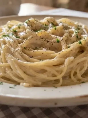 Piatto di pasta alla marchigiana con maccheroncini e formaggio filante