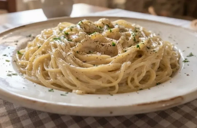 Piatto di pasta alla marchigiana con maccheroncini e formaggio filante