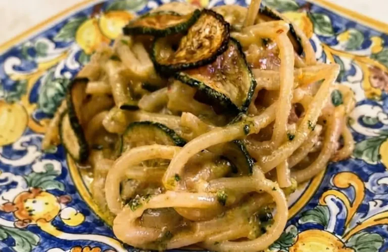 Piatto di Pasta alla Nerano originale mantecata con zucchine fritte e provolone su piatto di ceramica decorato