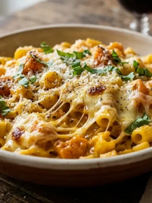 Primissimo piano di un piatto fondo di pasta e zucca alla napoletana con provola affumicata sciolta e filante