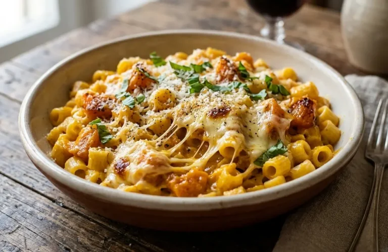 Primissimo piano di un piatto fondo di pasta e zucca alla napoletana con provola affumicata sciolta e filante