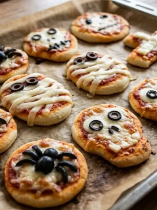 Teglia da forno con carta brunita ricoperta di pizzette di Halloween miste decorate come mummie, ragni di olive e scheletri