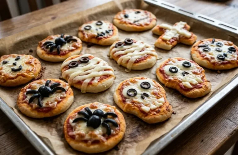 Teglia da forno con carta brunita ricoperta di pizzette di Halloween miste decorate come mummie, ragni di olive e scheletri