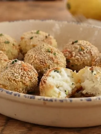 Polpette di ricotta al limone dorate e croccanti servite in una pirofila di ceramica