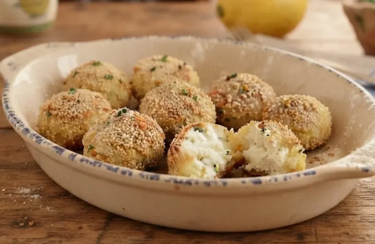 Polpette di ricotta al limone dorate e croccanti servite in una pirofila di ceramica
