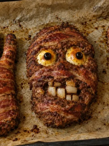Teglia da forno con polpettoni di halloween a forma di mano, teschio con occhi di uova sode e mummia ricoperti di bacon croccante