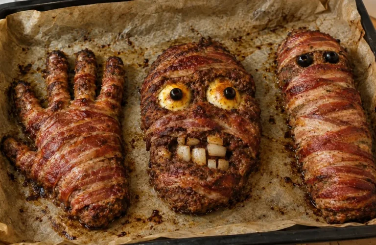 Teglia da forno con polpettoni di halloween a forma di mano, teschio con occhi di uova sode e mummia ricoperti di bacon croccante
