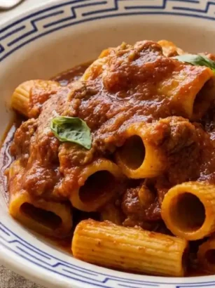 Piatto di ceramica artigianale con rigatoni conditi con il tradizionale ragù napoletano ricco di carne e salsa di pomodoro, servito su una tovaglia di lino beige con bicchiere di vino rosso sullo sfondo.
