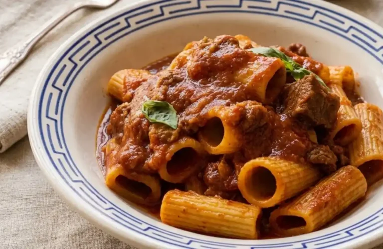 Piatto di ceramica artigianale con rigatoni conditi con il tradizionale ragù napoletano ricco di carne e salsa di pomodoro, servito su una tovaglia di lino beige con bicchiere di vino rosso sullo sfondo.