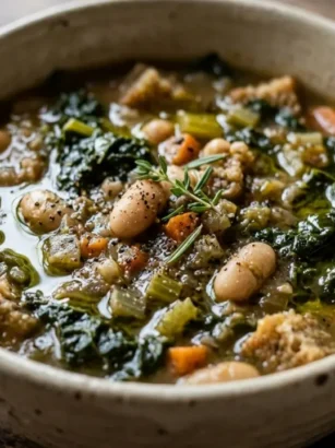 Ciotola di terracotta con ribollita toscana calda, cavolo nero, fagioli cannellini e pane raffermo