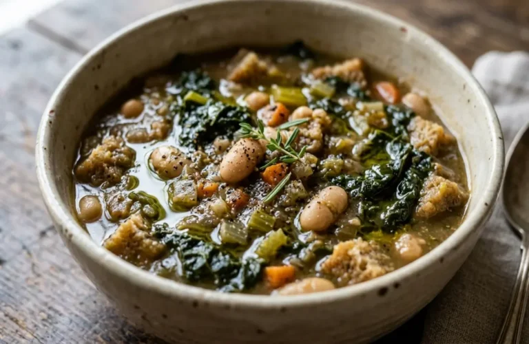 Ciotola di terracotta con ribollita toscana calda, cavolo nero, fagioli cannellini e pane raffermo