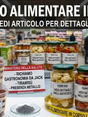 Prodotti alimentari richiamati come tiramisù e verdure sott'olio esposti con cartelli di allerta in un supermercato