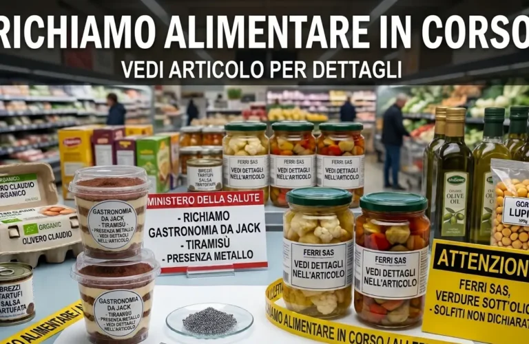 Prodotti alimentari richiamati come tiramisù e verdure sott'olio esposti con cartelli di allerta in un supermercato