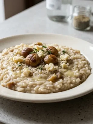 Piatto piano di risotto alle castagne e Castelmagno mantecato all'onda con castagne intere e formaggio in superficie