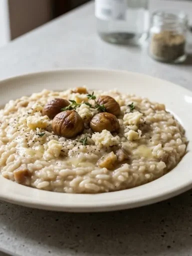 Piatto piano di risotto alle castagne e Castelmagno mantecato all'onda con castagne intere e formaggio in superficie