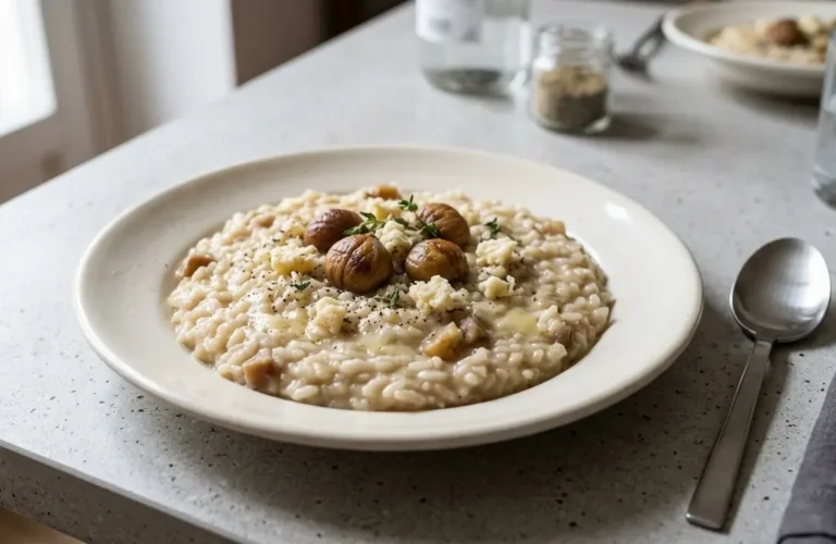 Piatto piano di risotto alle castagne e Castelmagno mantecato all'onda con castagne intere e formaggio in superficie