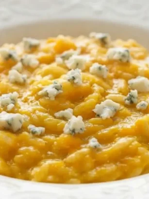 Risotto cremoso con crema di zucca e gorgonzola mantecato all'onda