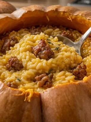 Risotto zucca e salsiccia cremoso servito all'interno di una zucca infornata e intagliata a mano su un tavolo da cucina