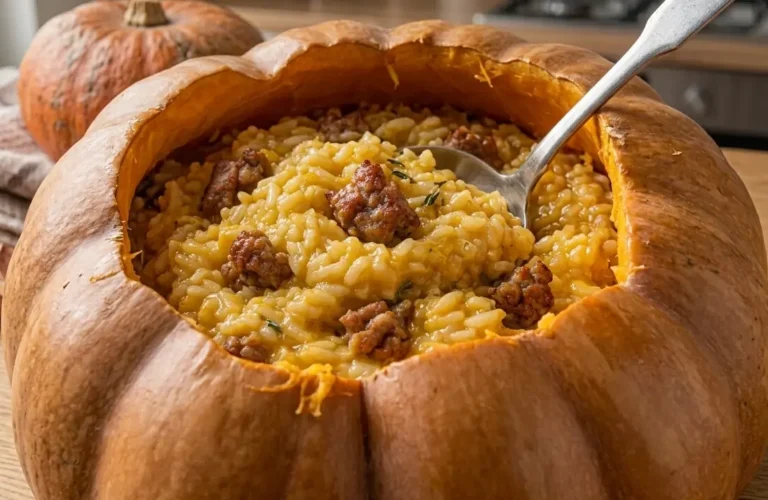 Risotto zucca e salsiccia cremoso servito all'interno di una zucca infornata e intagliata a mano su un tavolo da cucina