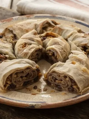 Fette di Rocciata Umbra di Assisi, dolce a spirale tradizionale con mele, noci, uvetta e cacao, disposte su un piatto di ceramica rustico.