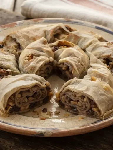 Fette di Rocciata Umbra di Assisi, dolce a spirale tradizionale con mele, noci, uvetta e cacao, disposte su un piatto di ceramica rustico.