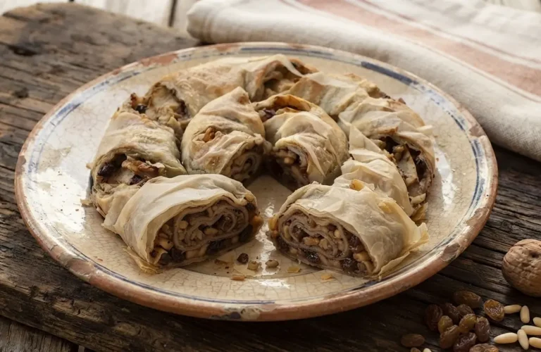 Fette di Rocciata Umbra di Assisi, dolce a spirale tradizionale con mele, noci, uvetta e cacao, disposte su un piatto di ceramica rustico.