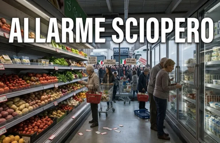 spesa al supermercato durante lo sciopero degli autotrasportatori con scaffali con pochi prodotti e camion fermi sullo sfondo