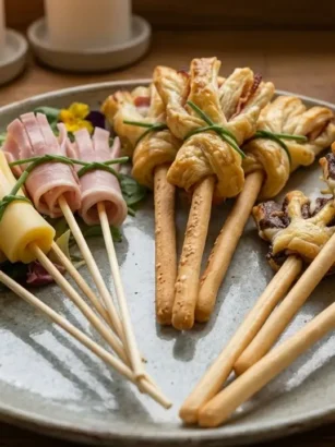 Primo piano di un vassoio artigianale con scopette della strega salate e dolci per Halloween disposte su un tavolo in legno