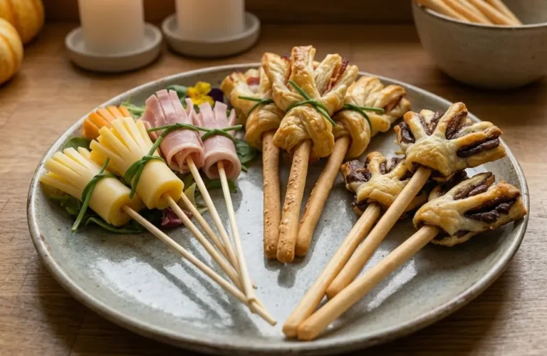 Primo piano di un vassoio artigianale con scopette della strega salate e dolci per Halloween disposte su un tavolo in legno