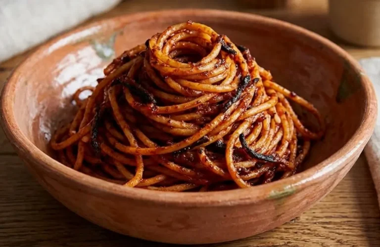 Piatto in terracotta con un nido di spaghetti all'assassina rossi, piccanti e con la tipica crosticina bruciacchiata
