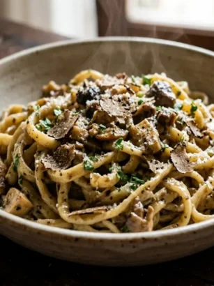 Piatto di ceramica in primissimo piano con strangozzi umbri freschi conditi con funghi porcini e scaglie di tartufo nero