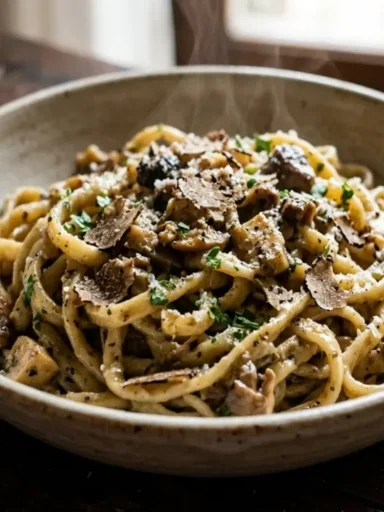 Piatto di ceramica in primissimo piano con strangozzi umbri freschi conditi con funghi porcini e scaglie di tartufo nero
