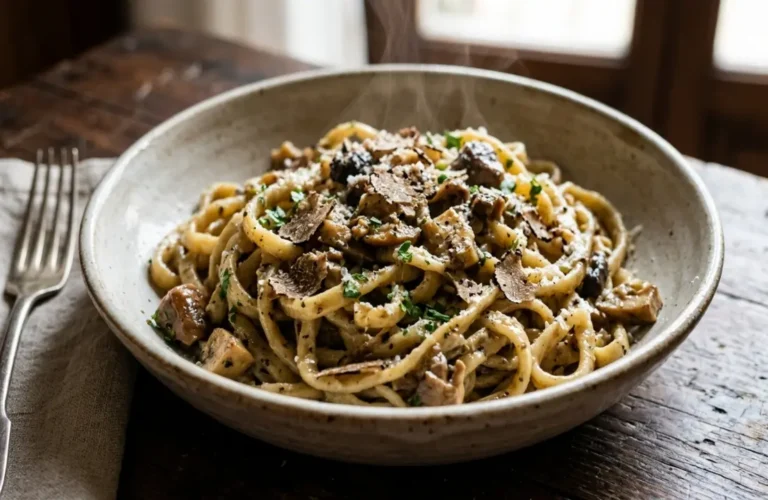 Piatto di ceramica in primissimo piano con strangozzi umbri freschi conditi con funghi porcini e scaglie di tartufo nero
