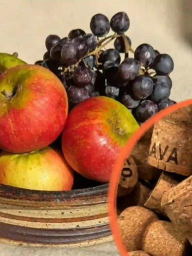 Ciotola in ceramica con mele fresche e uva nera accostata al dettaglio di vari tappi di sughero naturale.