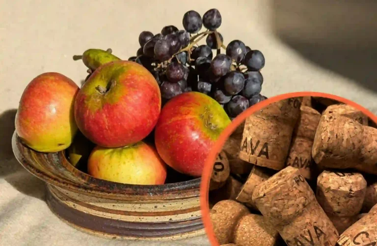Ciotola in ceramica con mele fresche e uva nera accostata al dettaglio di vari tappi di sughero naturale.